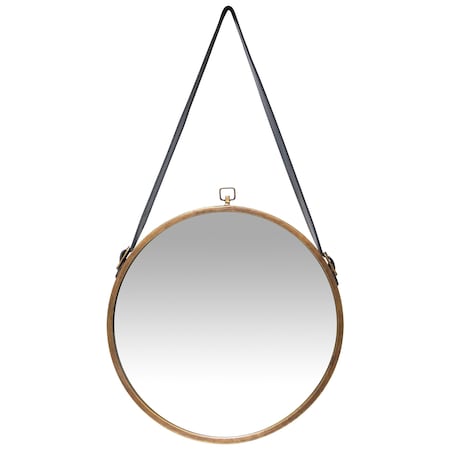 Infinity Instruments Farmhouse Circle Mirror - 16" Round Antique Gold Finished Metal Frame Leather Strap for Hanging 15531A